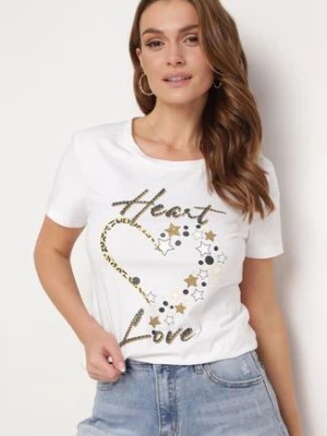 Zdjęcie produktu Granatowy Bawełniany T-shirt Koszulka z Krótkim Rękawem z Nadrukiem i Cyrkoniami Harlina