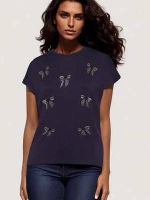 Zdjęcie produktu Granatowy T-shirt z Bawełny z Kokardkami Ozdobionymi Cyrkoniami Rissamore