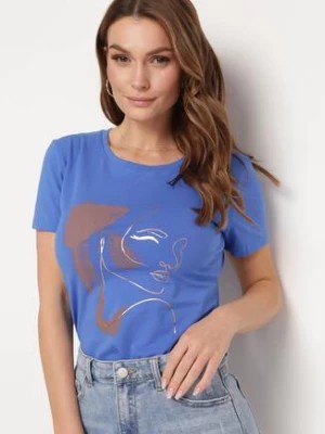 Zdjęcie produktu Granatowy T-shirt z Bawełny z Krótkim Rękawem i Nadrukiem Tiaressa