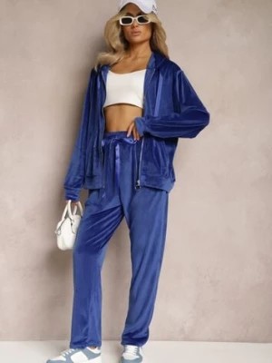 Zdjęcie produktu Granatowy Welurowy Komplet Dresowy Zasuwana Bluza z Kapturem i Szerokie Spodnie Belphobe