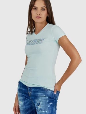 Zdjęcie produktu GUESS Błękitny t-shirt damski z metalicznym logo i cyrkoniami