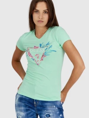 Zdjęcie produktu GUESS Jasnozielony t-shirt damski z logo z liśćmi i cyrkoniami