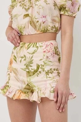 Zdjęcie produktu Guess szorty lniane damskie kolor beżowy wzorzyste high waist