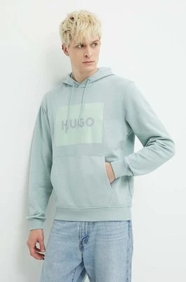 Zdjęcie produktu HUGO bluza bawełniana męska kolor turkusowy z kapturem z nadrukiem