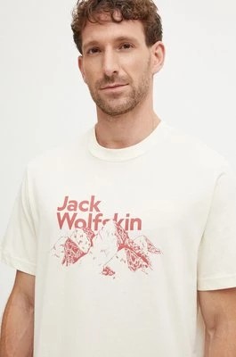 Zdjęcie produktu Jack Wolfskin t-shirt bawełniany Bergblick męski kolor beżowy z nadrukiem A60070