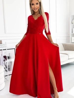 Zdjęcie produktu Jacqueline koronkowa elegancka długa suknia z dekoltem i rozcięciem na nogę - CZERWONA Merg
