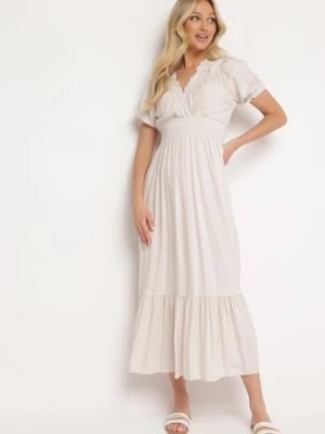 Zdjęcie produktu Jasnobeżowa Bawełniana Sukienka z Kopertowym Dekoltem w Stylu Boho Rissasie