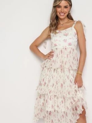 Zdjęcie produktu Jasnobeżowa Plisowana Sukienka na Ramiączkach z Gumką w Talii Cerasea