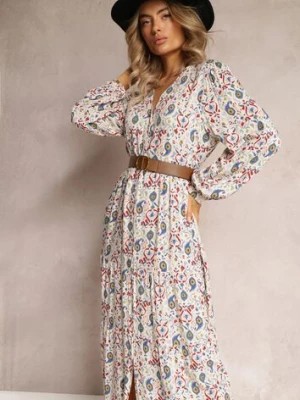 Zdjęcie produktu Jasnobeżowa Rozkloszowana Sukienka Koszulowa w Kwiaty Leathy
