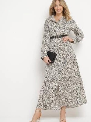 Zdjęcie produktu Jasnobeżowa Sukienka Koszulowa Maxi w Nieregularne Kropki Mastalia