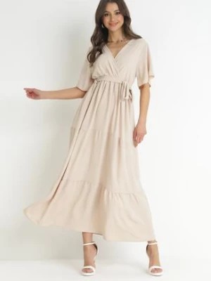 Zdjęcie produktu Jasnobeżowa Sukienka Maxi z Gumką w Talii i Materiałowym Paskiem Kiriane