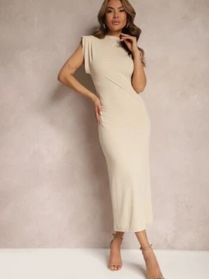 Zdjęcie produktu Jasnobeżowa Taliowana Sukienka z Rozcięciem i Poduszkami na Ramionach Melloretta