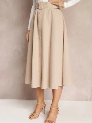 Zdjęcie produktu Jasnobeżowa Trapezowa Spódnica Midi z Rozkloszowanym Dołem i Paskiem z Klamerką z Bawełny Marydevi