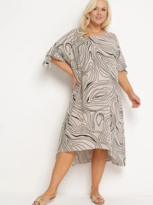 Zdjęcie produktu Jasnobeżowa Trapezowa Sukienka z Bawełny z Krótkim Rękawem Vivantia
