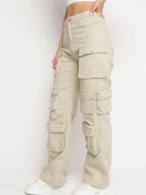 Zdjęcie produktu Jasnobeżowe Spodnie z Bawełny Bojówki z Prostymi Nogawkami i Kieszeniami Canabra