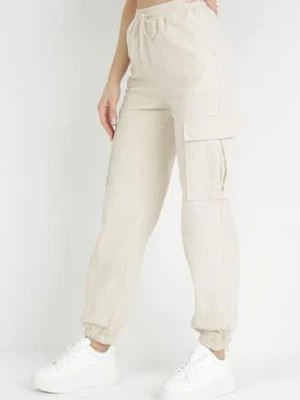 Zdjęcie produktu Jasnobeżowe Spodnie z Kieszeniami Cargo High Waist z Gumką w Pasie Janesa