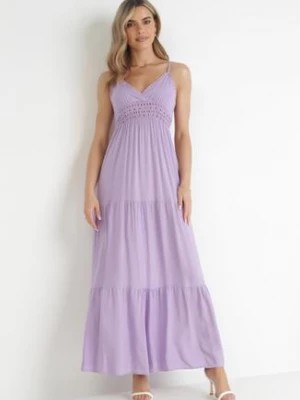 Zdjęcie produktu Jasnofioletowa Bawełniana Sukienka Maxi z Ażurową Gumką w Pasie Emmaya