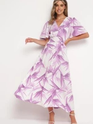 Zdjęcie produktu Jasnofioletowa Sukienka z Kopertowym Dekoltem i Gumką w Pasie Wiązana na Plecach Iberi