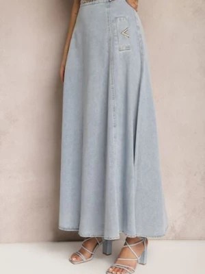 Zdjęcie produktu Jasnoniebieska Bawełniana Spódnica Maxi Rozkloszowana z Jeansu z Ozdobnym Łańcuszkiem Viralle