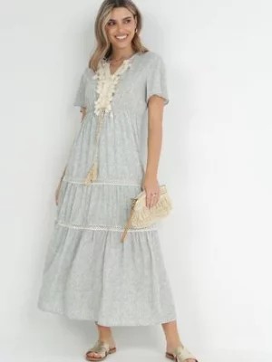 Zdjęcie produktu Jasnoniebieska Sukienka Maxi z Gumką w Pasie i Chwostami w Kwiaty Patrisce