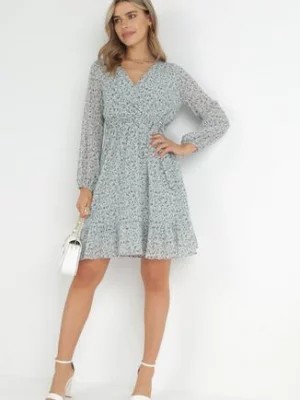 Zdjęcie produktu Jasnoniebieska Sukienka Midi z Gumką w Pasie i Kopertowym Dekoltem Zephone