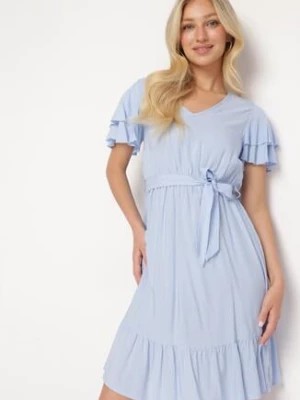 Zdjęcie produktu Jasnoniebieska Sukienka z Bawełny z Gumką w Pasie i Falbanką Yarpia