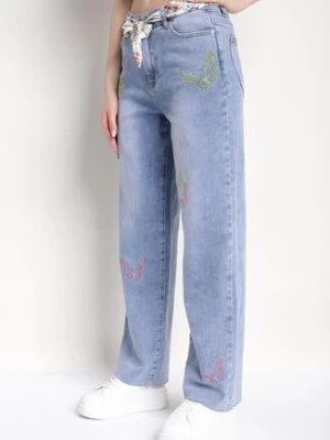 Zdjęcie produktu Jasnoniebieskie Szerokie Jeansy z Bawełny Ozdobione Haftem i Materiałowym Paskiem Kaielle