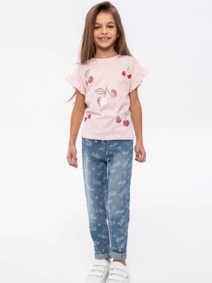 Zdjęcie produktu Jasnoróżowy t-shirt dziewczęcy z dzianiny- wiśnie Minoti