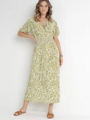 Zdjęcie produktu Jasnozielona Sukienka Maxi z Gumką w Talii i Kopertowym Dekoltem w Kwiaty Alaegha