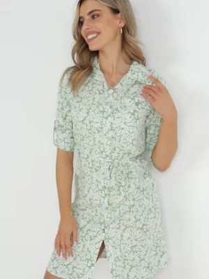 Zdjęcie produktu Jasnozielona Sukienka Mini Koszulowa w Kwiaty z Wiskozy Obenne
