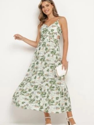 Zdjęcie produktu Jasnozielona Sukienka w Kwiaty na Regulowanych Ramiączkach z Rozcięciami i Ozdobnymi Guzikami Dimllie