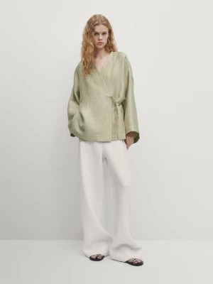 Zdjęcie produktu Kimono Z Wiązaniem Z Lnianej Mieszanki - Popielaty - - Massimo Dutti - Kobieta