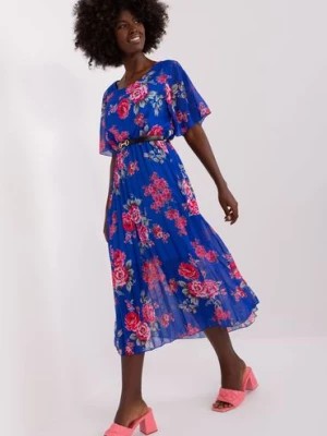 Zdjęcie produktu Kobaltowa plisowana sukienka damska w kwiaty - midi Italy Moda