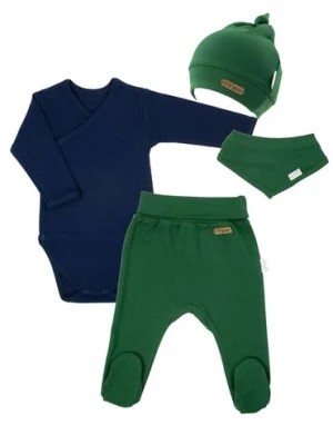 Zdjęcie produktu Komplet niemowlęcy body + półśpiochy + czapka i apaszka zielony Nicol