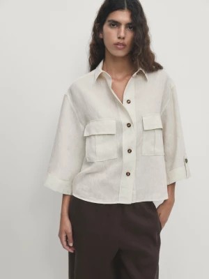 Zdjęcie produktu Koszula Ze 100% Lnu Z Ozdobnymi Kieszonkami - Beżowy - - Massimo Dutti - Kobieta