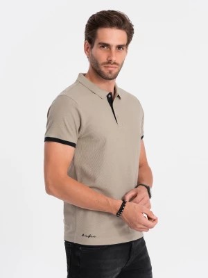 Zdjęcie produktu Bawełniana koszulka męska polo z kontrastowymi wykończeniami – ciemnobeżowa V5 OM-POSS-0113
 -                                    L