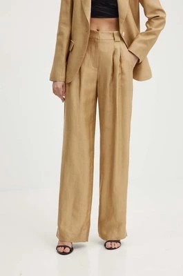 Zdjęcie produktu La Petite Française spodnie z domieszką lnu PASSIONNE kolor beżowy proste high waist