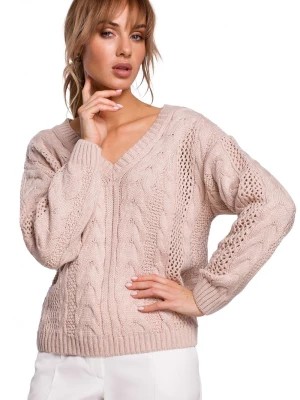 Zdjęcie produktu Lekki sweter damski ażurowy z dekoltem V splot w warkocz pudrowy róż Polskie swetry
