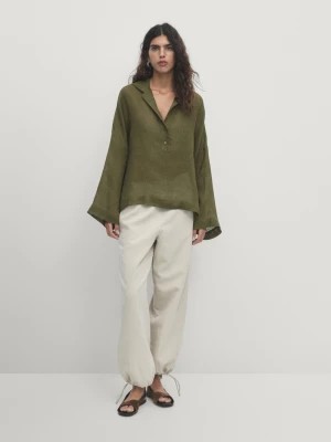Zdjęcie produktu Lniana Koszula Z Długim Rękawem I Kołnierzykiem Polo - Zielony - - Massimo Dutti - Kobieta