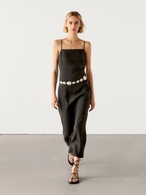 Zdjęcie produktu Lniana Sukienka Na Ramiączkach Z Ozdobnym Rozcięciem - Brązowy - - Massimo Dutti - Kobieta