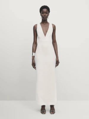 Zdjęcie produktu Lniana Sukienka Średniej Długości Z Ozdobnym Tyłem − Studio - Biały - - Massimo Dutti - Kobieta