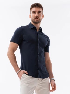 Zdjęcie produktu Męska dzianinowa koszula slim fit z krótkim rękawem i kołnierzykiem – granatowa V2 OM-SHSS-0100
 -                                    XL