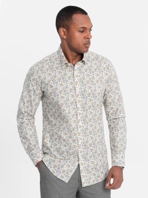 Zdjęcie produktu Męska koszula SLIM FIT we wzór florystyczny - beżowa V2 OM-SHPS-0139
 -                                    XL