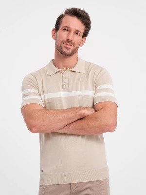 Zdjęcie produktu Męska koszulka polo z miękkiej dzianiny z kontrastowymi pasami - beżowa V4 OM-POSS-0118
 -                                    L