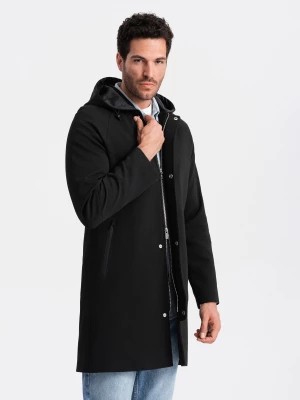Zdjęcie produktu Męski płaszcz z kapturem w delikatny prążek - czarny V2 OM-COSC-0112
 -                                    XXL