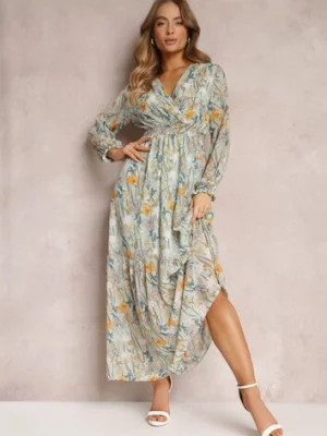 Zdjęcie produktu Miętowa Sukienka Maxi w Kwiaty z Falbanką Balena