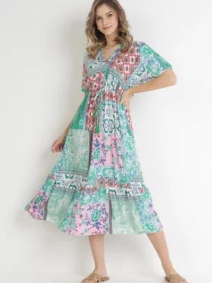 Zdjęcie produktu Miętowo-Różowa Kwiecista Sukienka Midi z Gumką w Talii z Falbanką z Wiskozy Jazaria