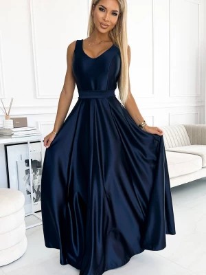 Zdjęcie produktu MONIQ długa satynowa suknia z dekoltem i kokardą - GRANATOWA Merg