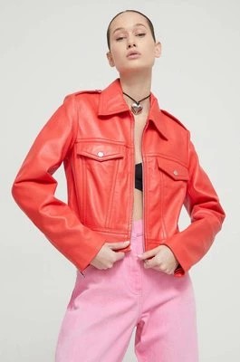 Zdjęcie produktu Moschino Jeans kurtka skórzana damska kolor czerwony przejściowa