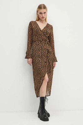 Zdjęcie produktu Never Fully Dressed sukienka Leopard Sheer Wrap Dress kolor brązowy midi rozkloszowana NL28459